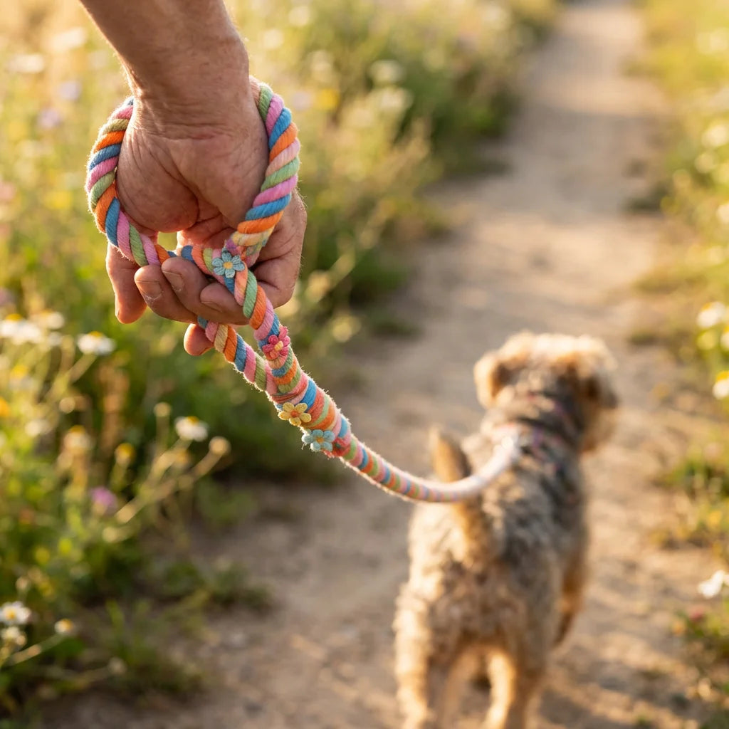 Person walking small dog with colorful floral braided cotton rope leash showing vibrant candy colors and flower charms