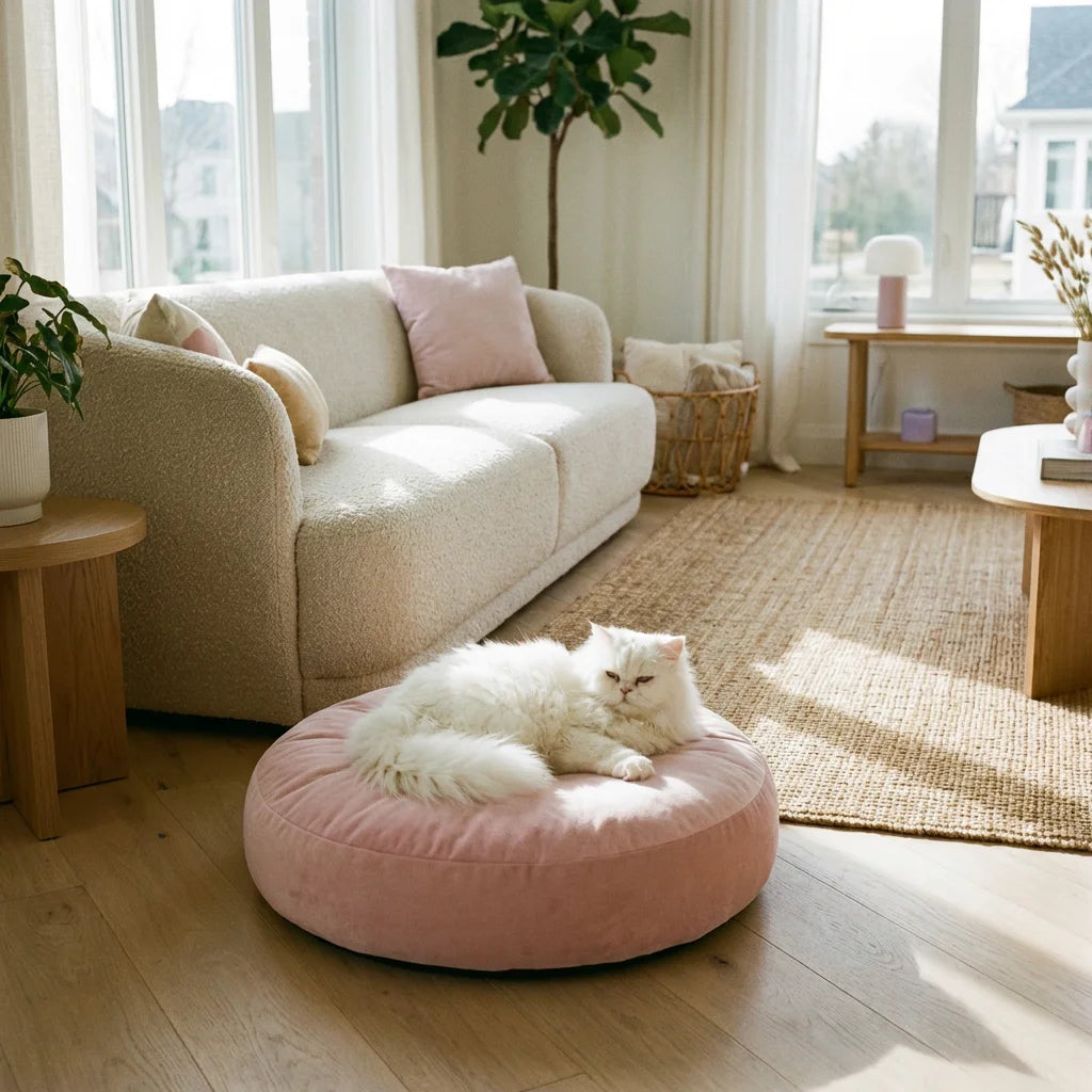 Three macaron-colored velvet pet beds