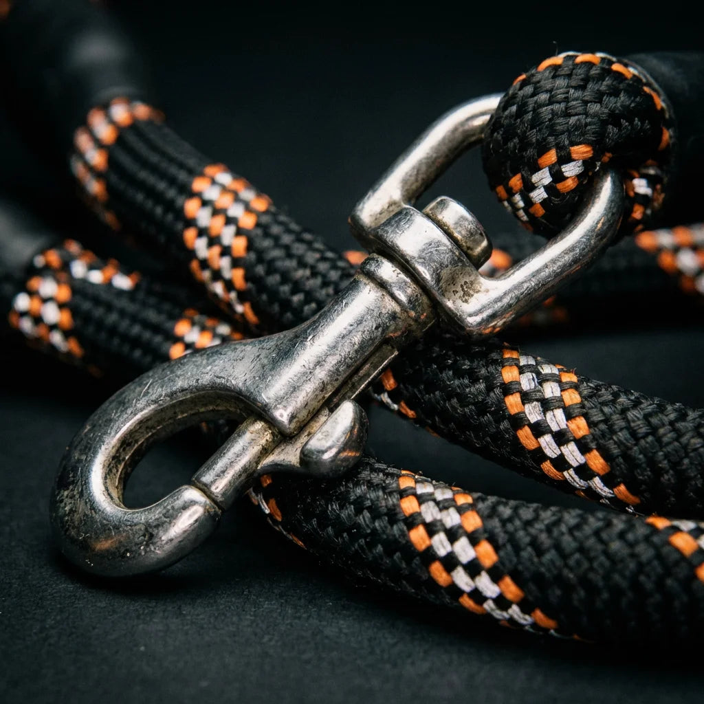 Flat-lay of nylon rope dog leash with treats and tennis ball