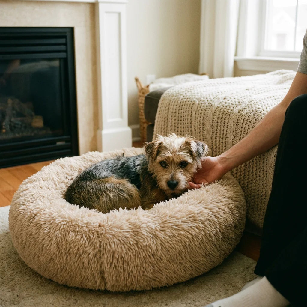 Close-up of soft plush faux fur texture on the donut dog bed