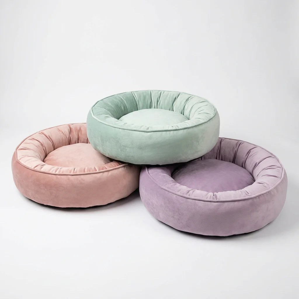 Three round velvet pet beds in macaron candy colors pink mint green lavender
