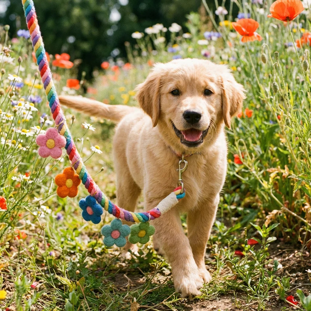 Happy puppy walking in flower garden wearing colorful floral braided cotton rope leash with flower charms