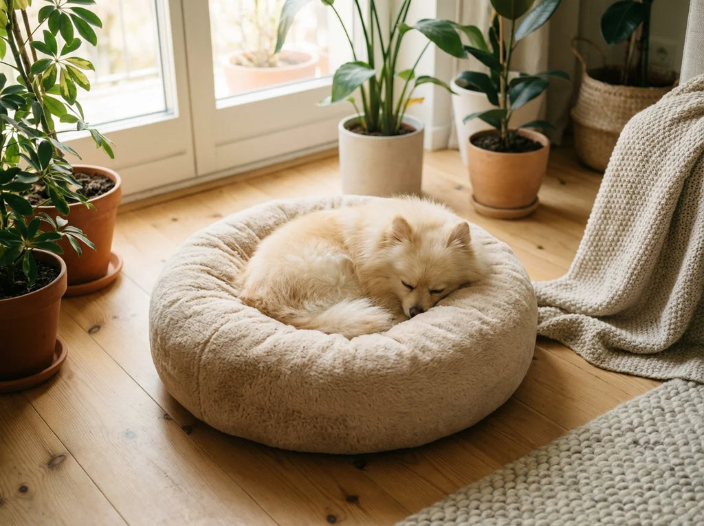Small fluffy dog sleeping in calming donut pet bed