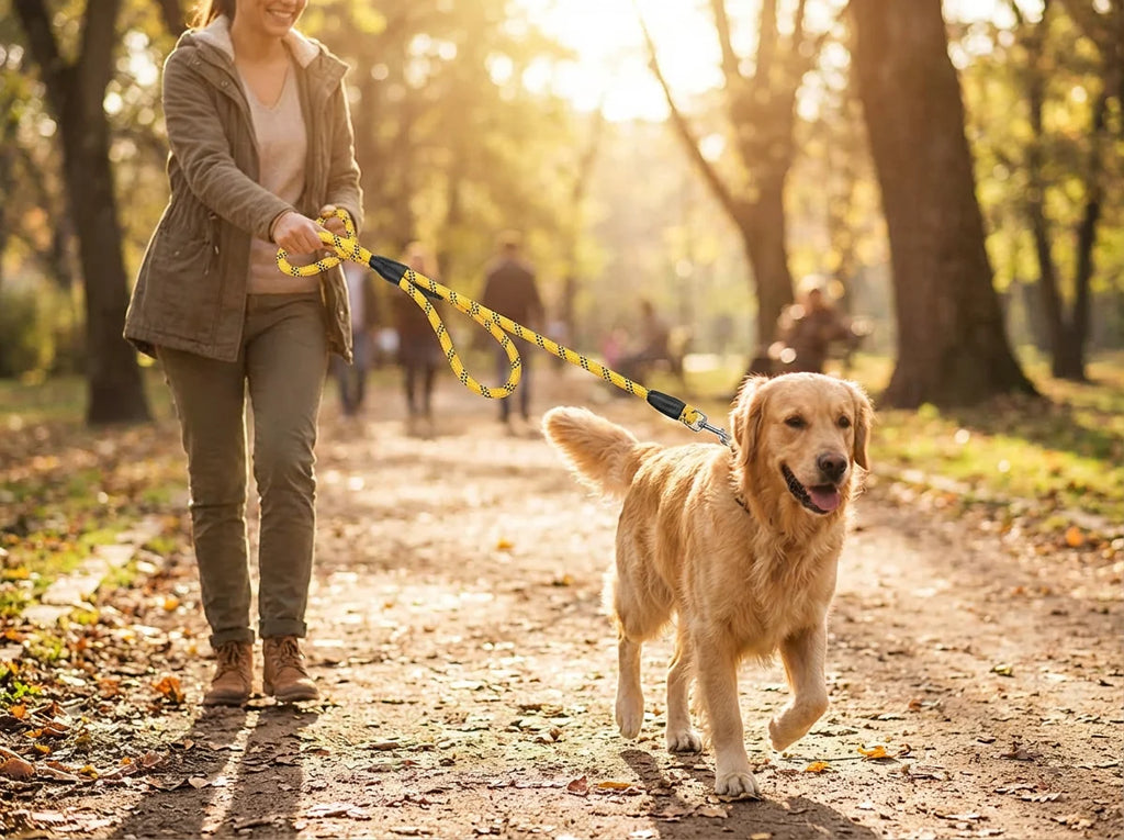 Person walking golden retriever in park with nylon rope leash