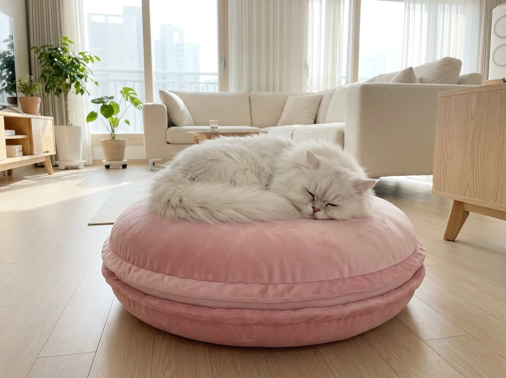 White Persian cat lounging on pastel pink macaron velvet round pet bed
