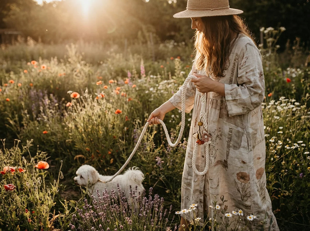 Boho woman in garden walking dog with braided cotton leash with floral charms