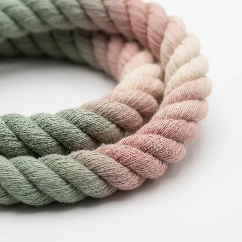 Close-up of braided rope showing gradient ombre color transition