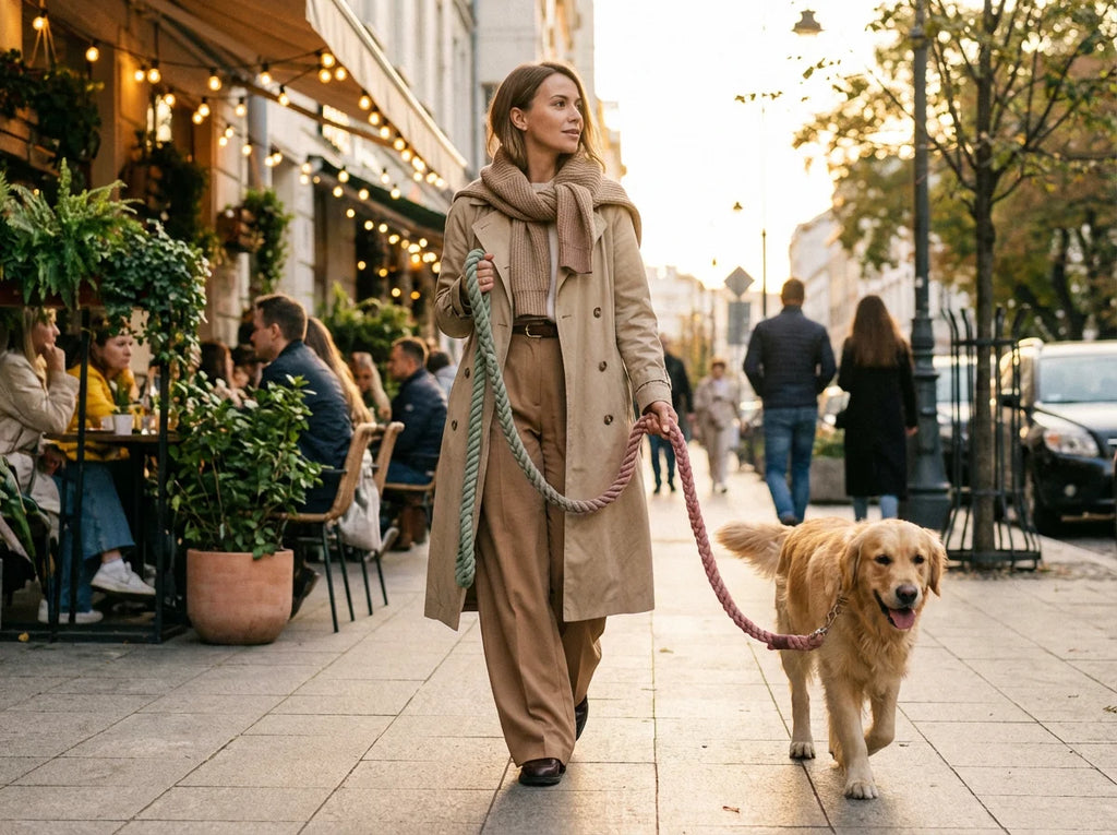 Woman walking golden retriever with gradient ombre braided rope leash