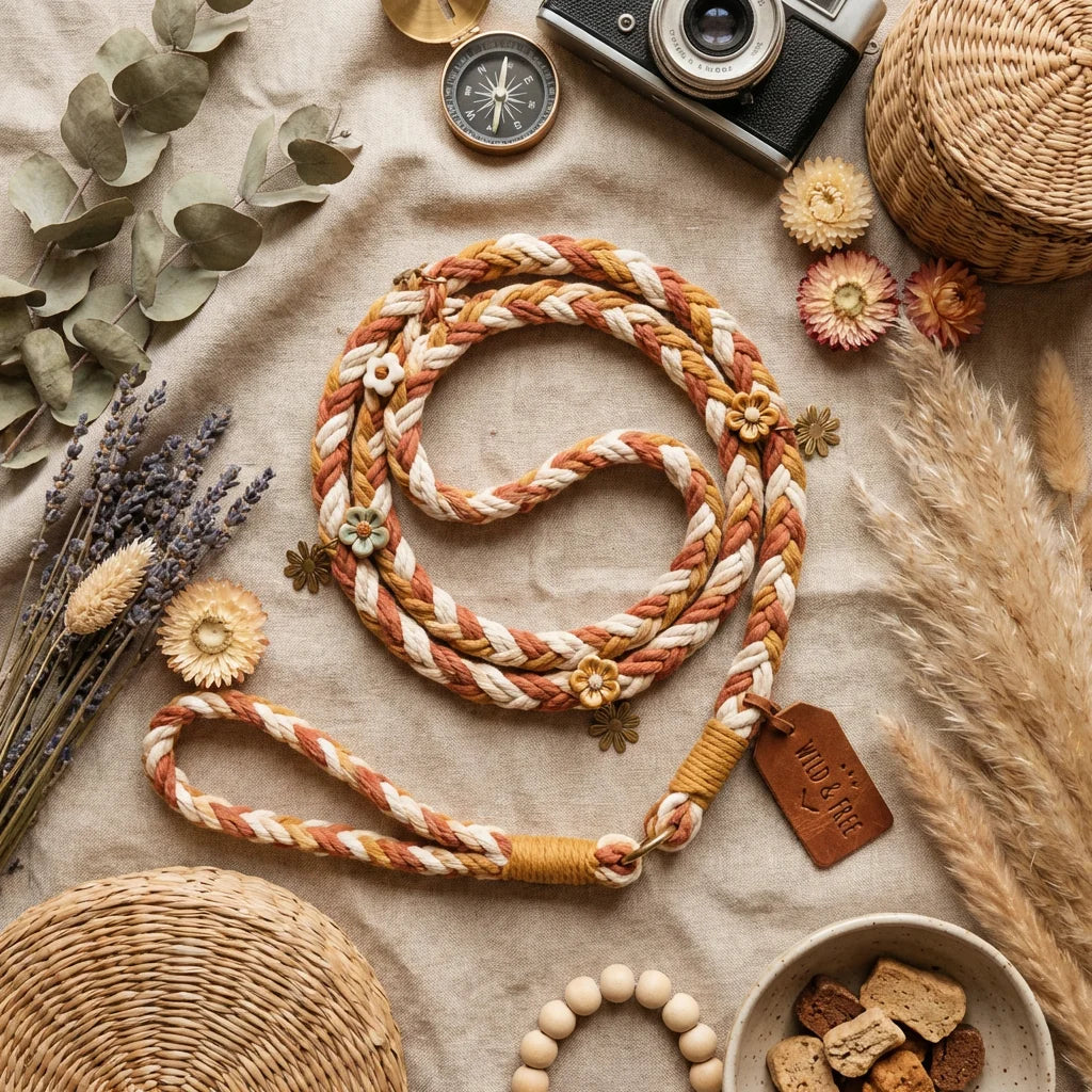 Flat-lay of braided cotton leash with flower charms on linen with dried flowers