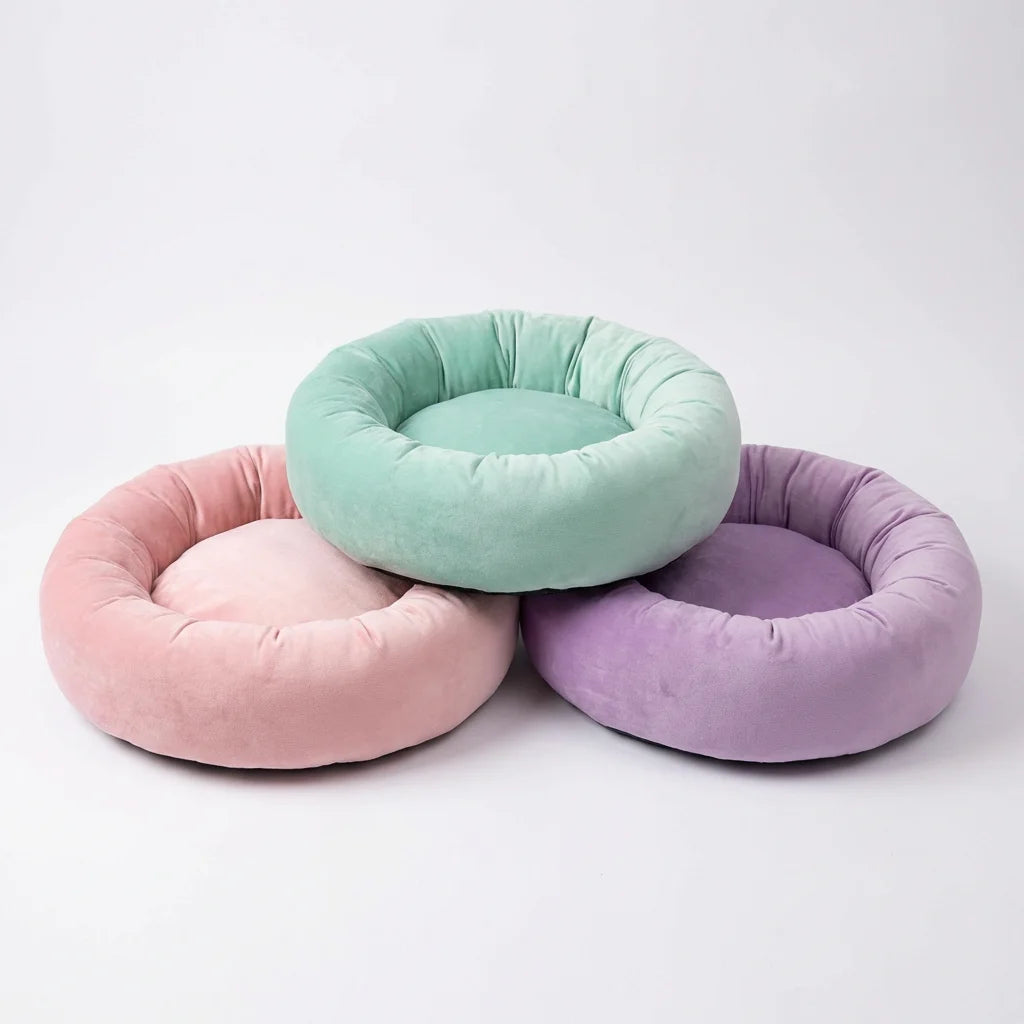 Fluffy white Persian cat on pink velvet pet bed
