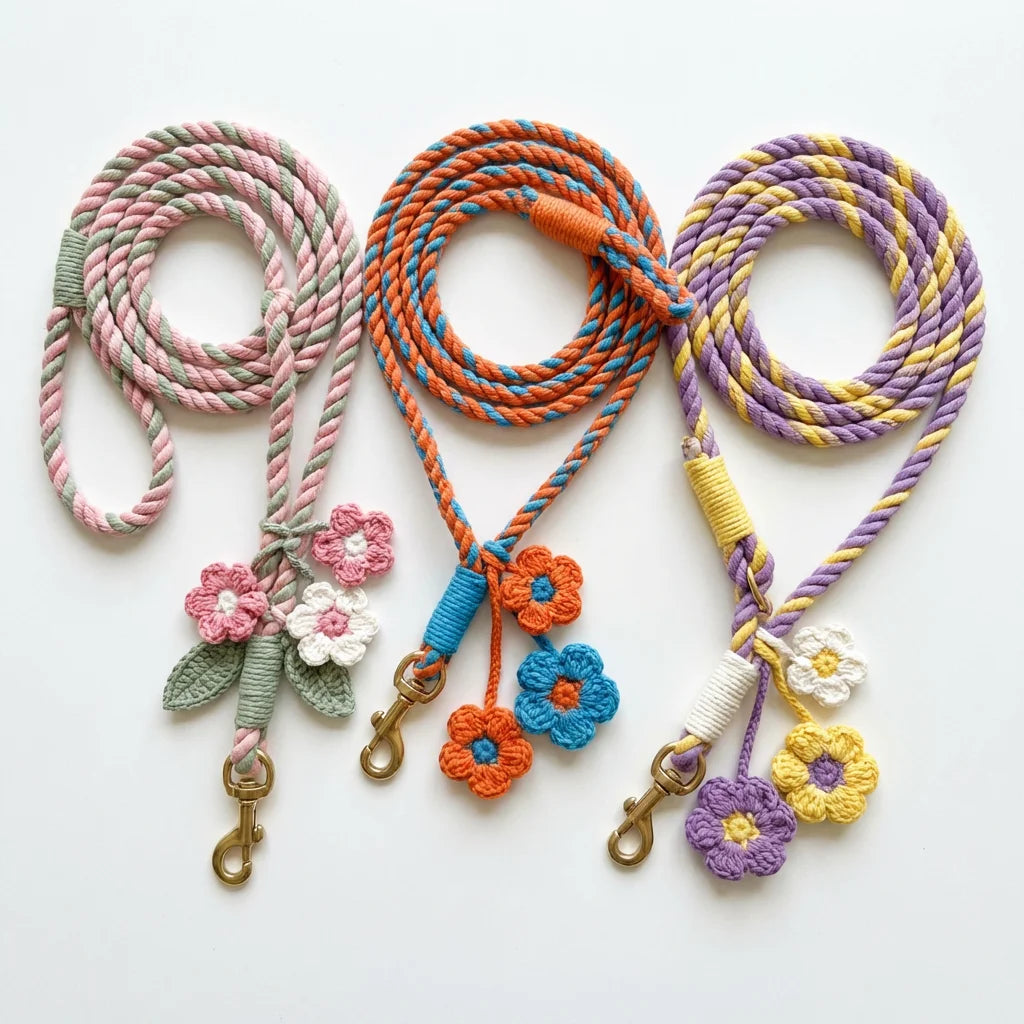 Three colorful floral braided cotton rope dog leashes showing different color options pink blue orange green purple