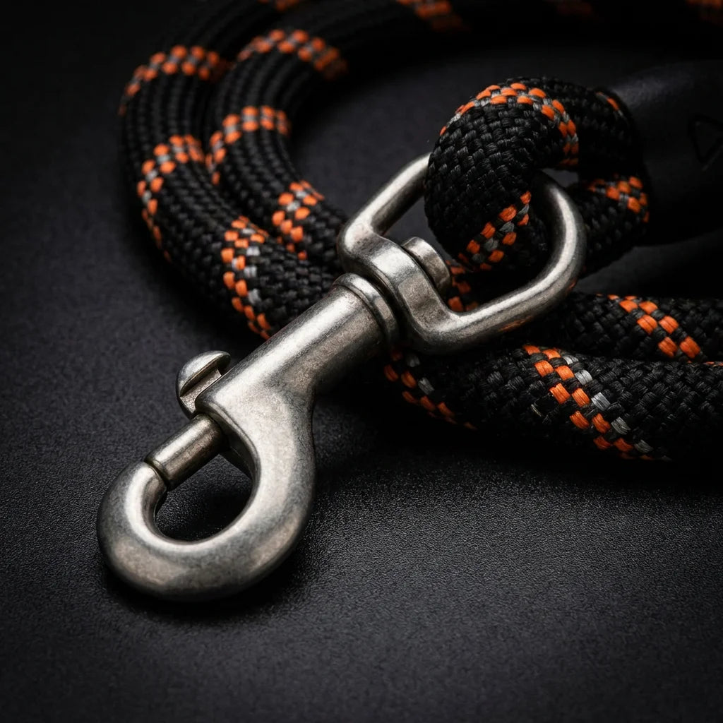 Close-up of heavy-duty metal clasp and reflective nylon rope detail