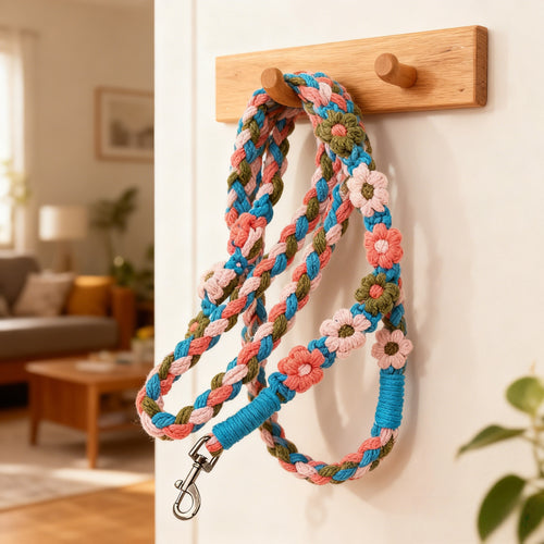 Handmade floral braided cotton rope dog leash with zinc alloy hardware teal pink green colors