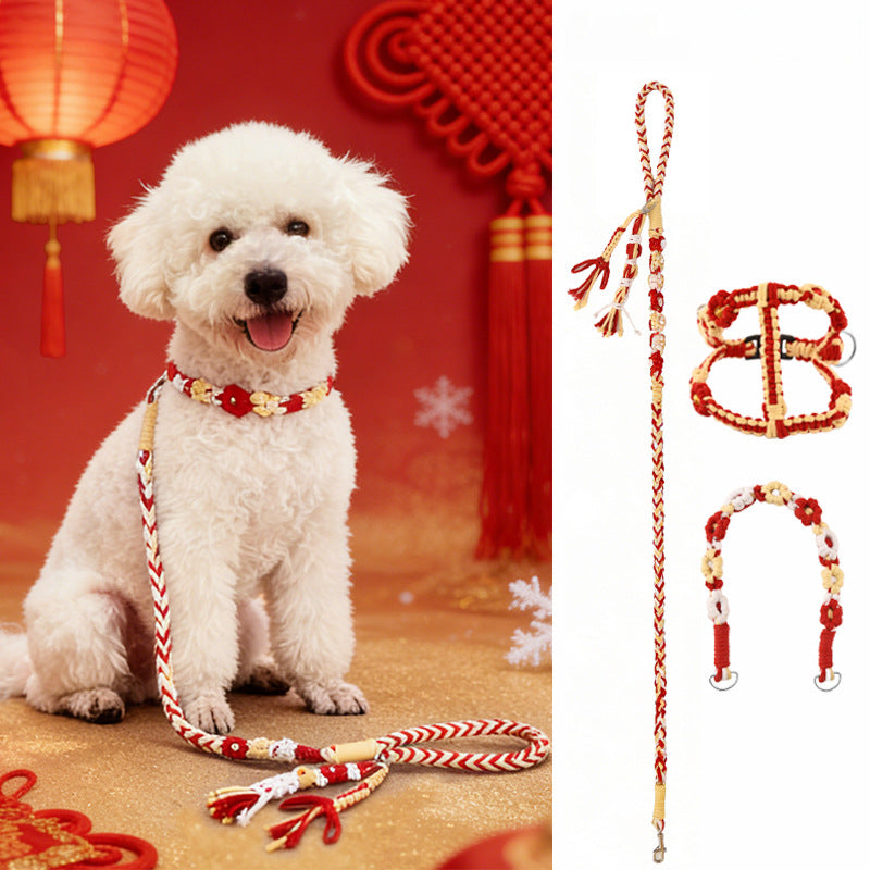 New Year style hand-braided dog leash and harness set with festive decorations