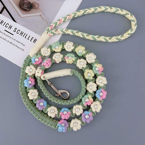 Braided floral handle dog leash angled product view