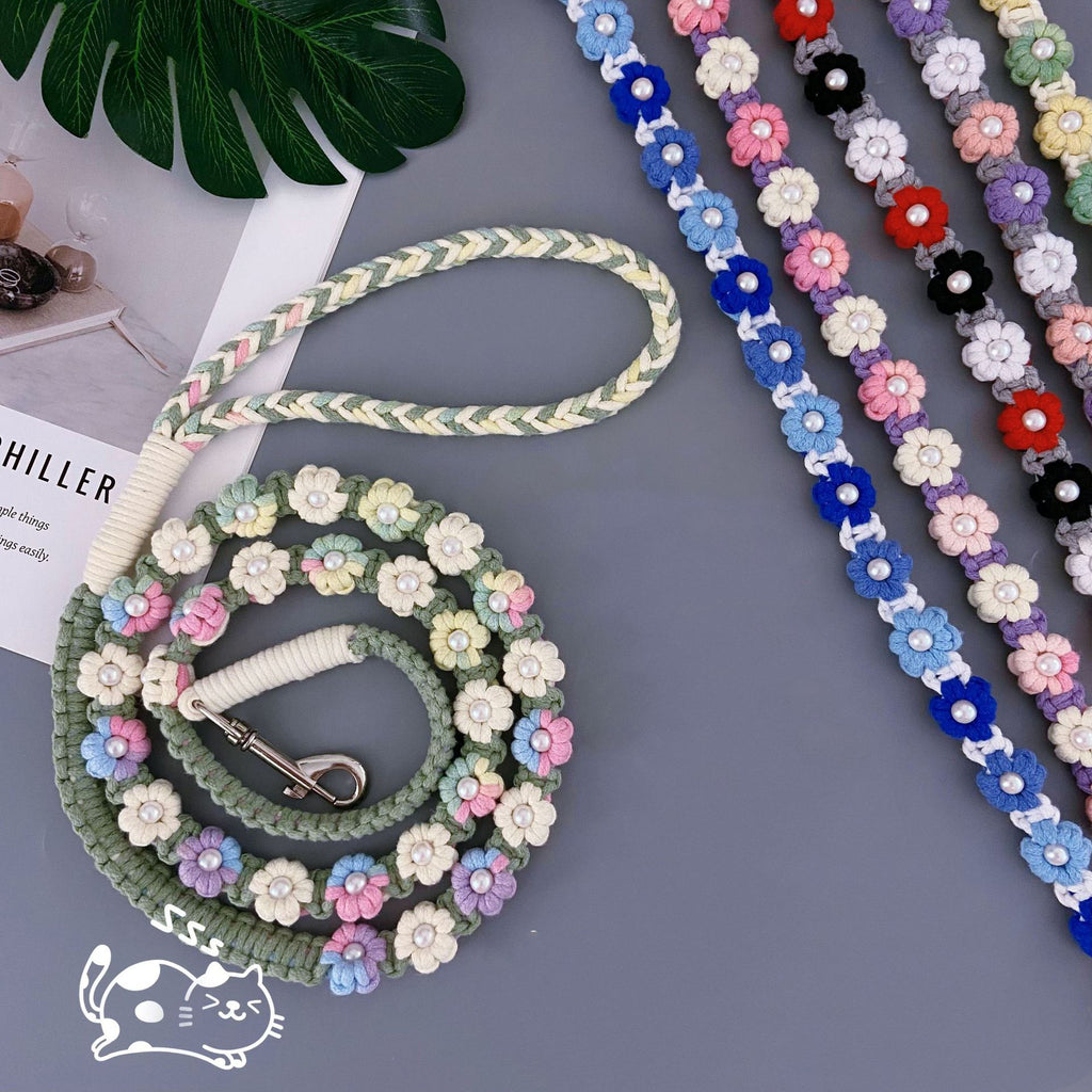 PupCove Handmade Braided Cotton Dog Leash with Floral Charms - Boho Aesthetic
